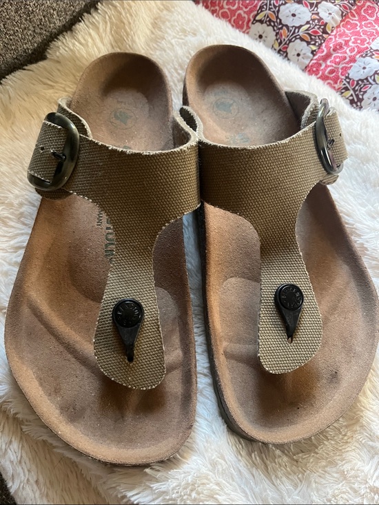 Birkenstock Shoes - Vegan Birkenstock Tan Canvas Thong Sandals Big Buckle Rivet Logo Khaki 9 40